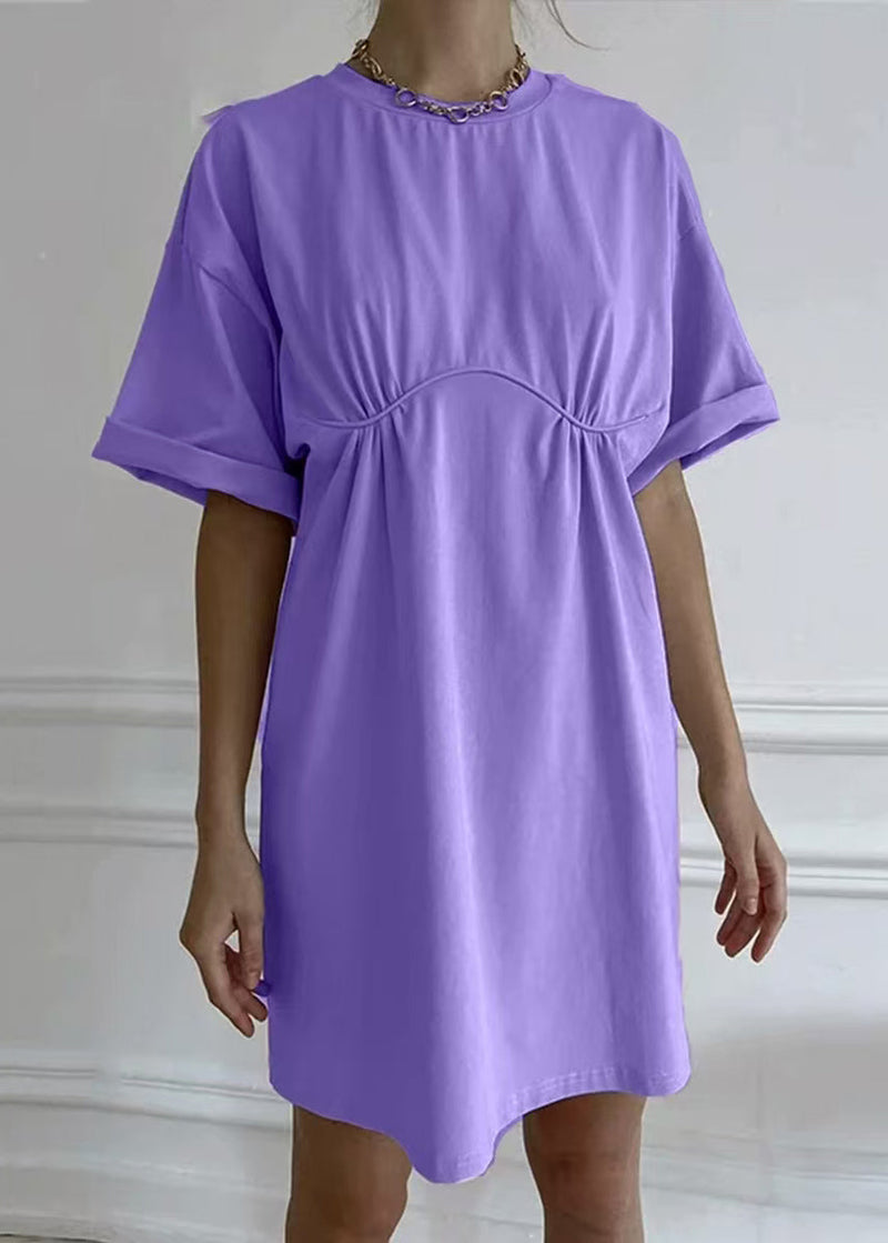 Loose Khaki O Neck Cotton Mid Dress Summer