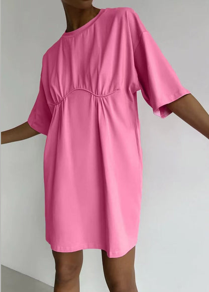 Loose Khaki O Neck Cotton Mid Dress Summer