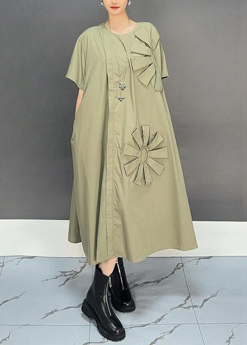 Loose Khaki O Neck Patchwork Cotton Dress Summer