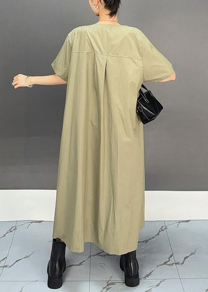 Loose Khaki O Neck Patchwork Cotton Dress Summer