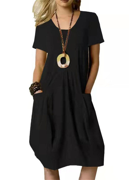 Loose Khaki O-neck Wrinkled Linen Long Dresses Short Sleeve