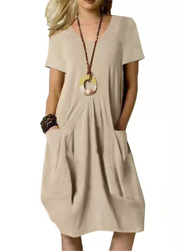 Loose Khaki O-neck Wrinkled Linen Long Dresses Short Sleeve