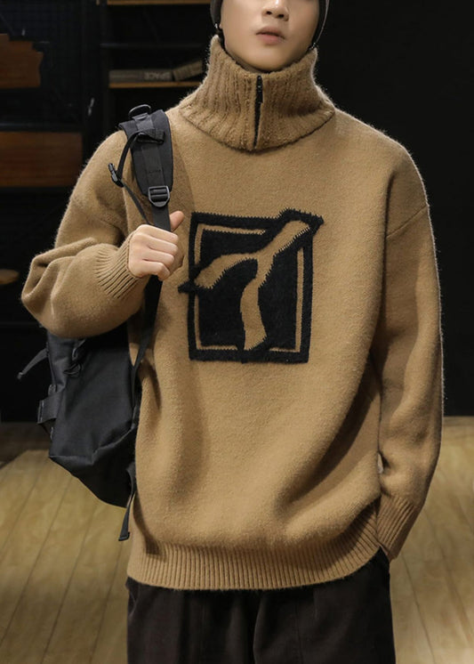 Loose Khaki Turtleneck Zip Up Knit Sweaters Winter