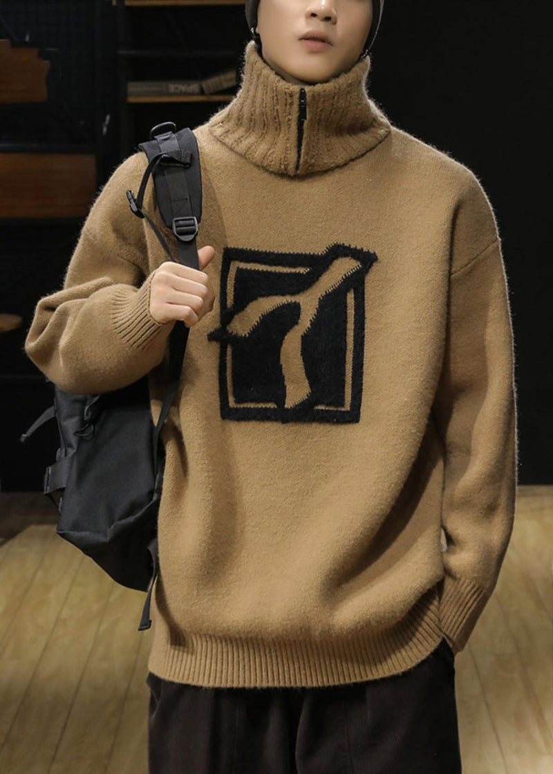 Loose Khaki Turtleneck Zip Up Knit Sweaters Winter