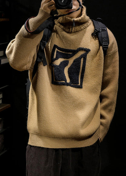 Loose Khaki Turtleneck Zip Up Knit Sweaters Winter
