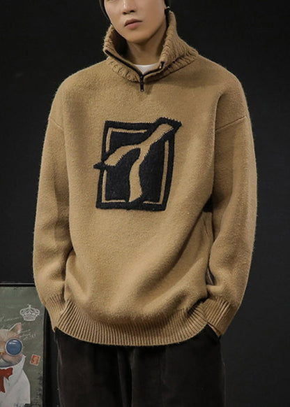 Loose Khaki Turtleneck Zip Up Knit Sweaters Winter