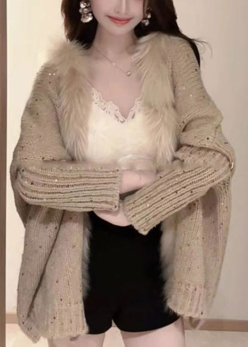 Loose Khaki V Neck Sequins Patchwork Knit Cardigan Batwing Sleeve