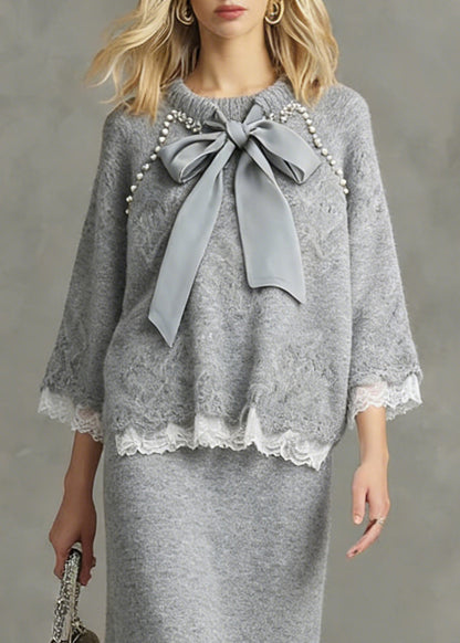 Loose Light Grey Nail Bead Lace Patchwork Knit Two Piece Set Spring