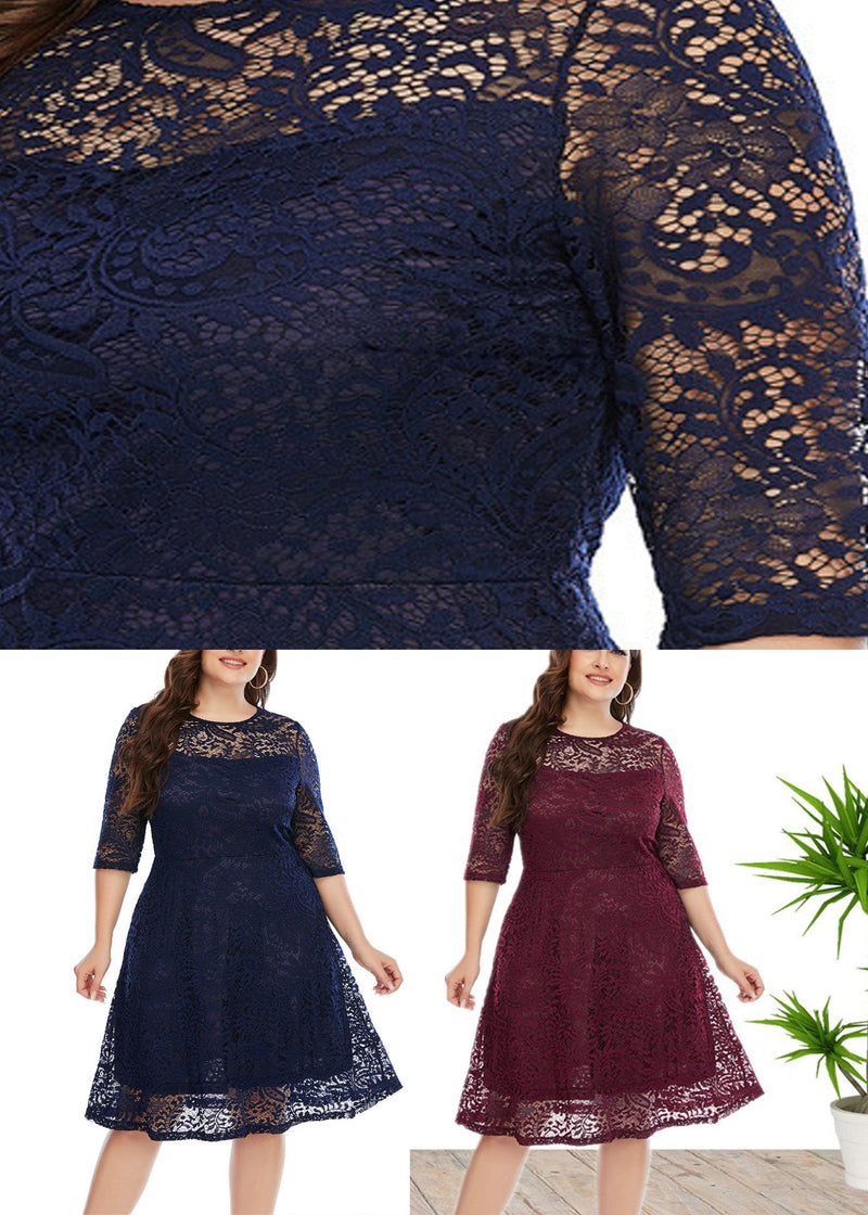 Loose Navy Blue Holiday Lace Mid Dress Summer