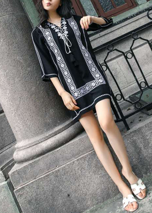 Loose Navy Embroidered Lace Up Cotton Mid Dress Bracelet Sleeve