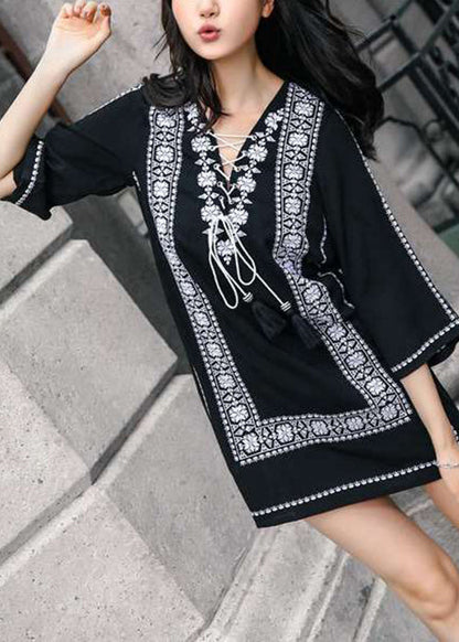 Loose Navy Embroidered Lace Up Cotton Mid Dress Bracelet Sleeve