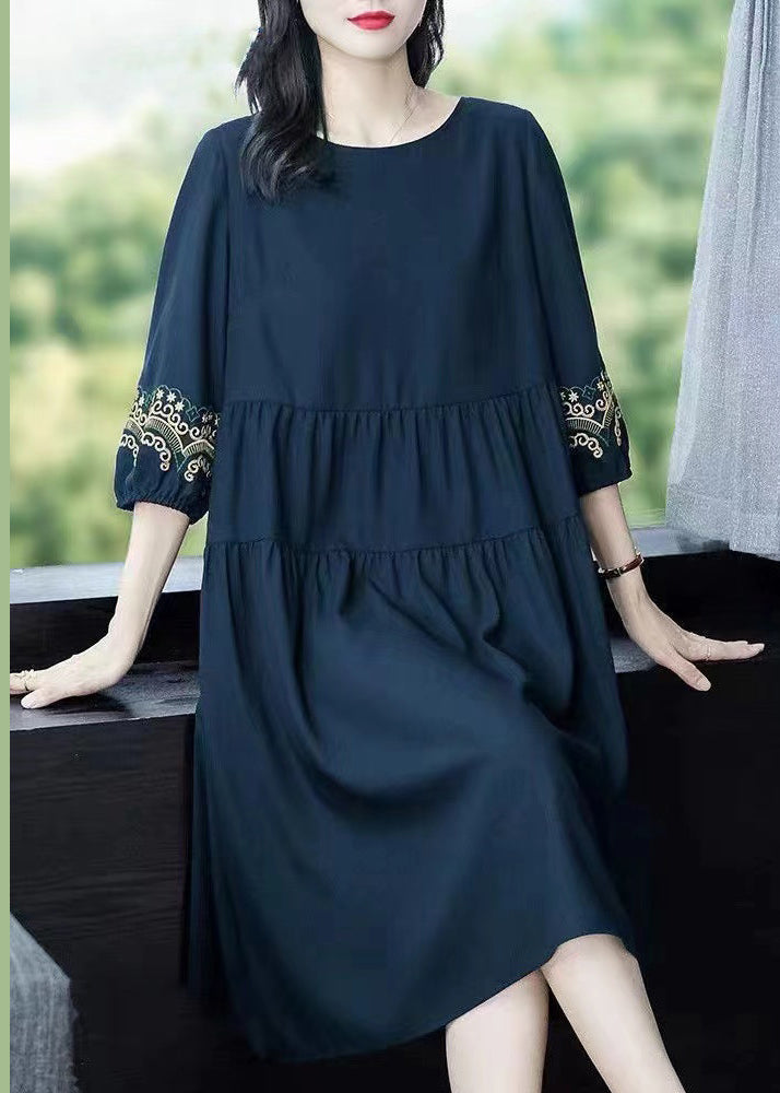 Loose Navy O-neck Embroidered Cotton Dresses Bracelet Sleeve