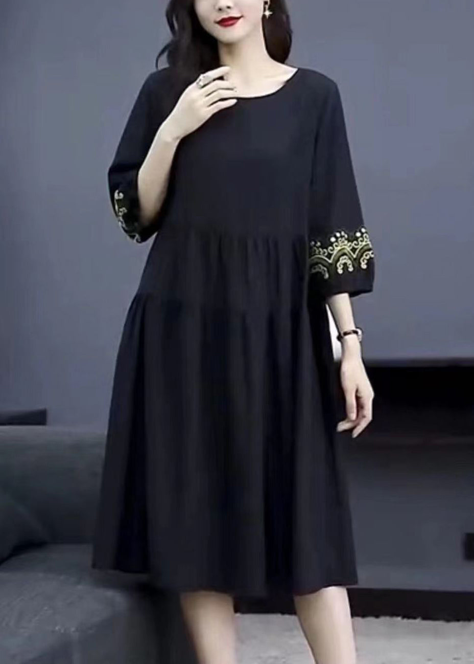 Loose Navy O-neck Embroidered Cotton Dresses Bracelet Sleeve