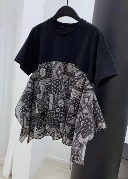 Loose Navy O-neck Print Patchwork Cotton T Shirt Summer
