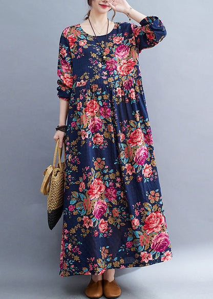 Loose Navy O-neckpatchwork Print Cotton Party Long Dress Short Sleeve