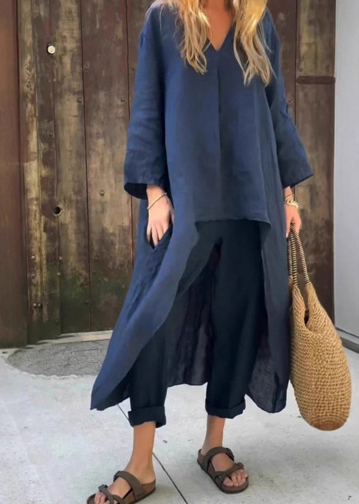 Loose Navy Patchwork Shirts and Harem Pants Two Pieces Set Fall
