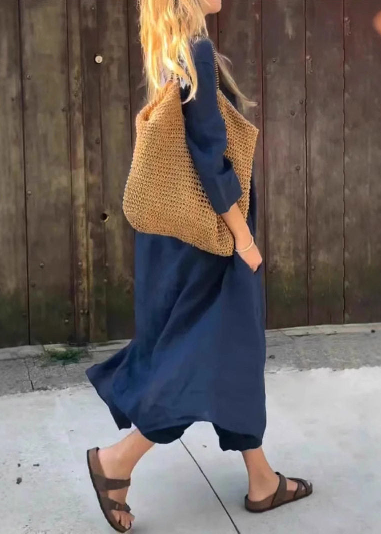 Loose Navy Patchwork Shirts and Harem Pants Two Pieces Set Fall