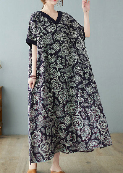 Loose Navy V Neck Print Side Open Dresses Short Sleeve