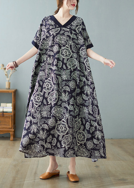 Loose Navy V Neck Print Side Open Dresses Short Sleeve