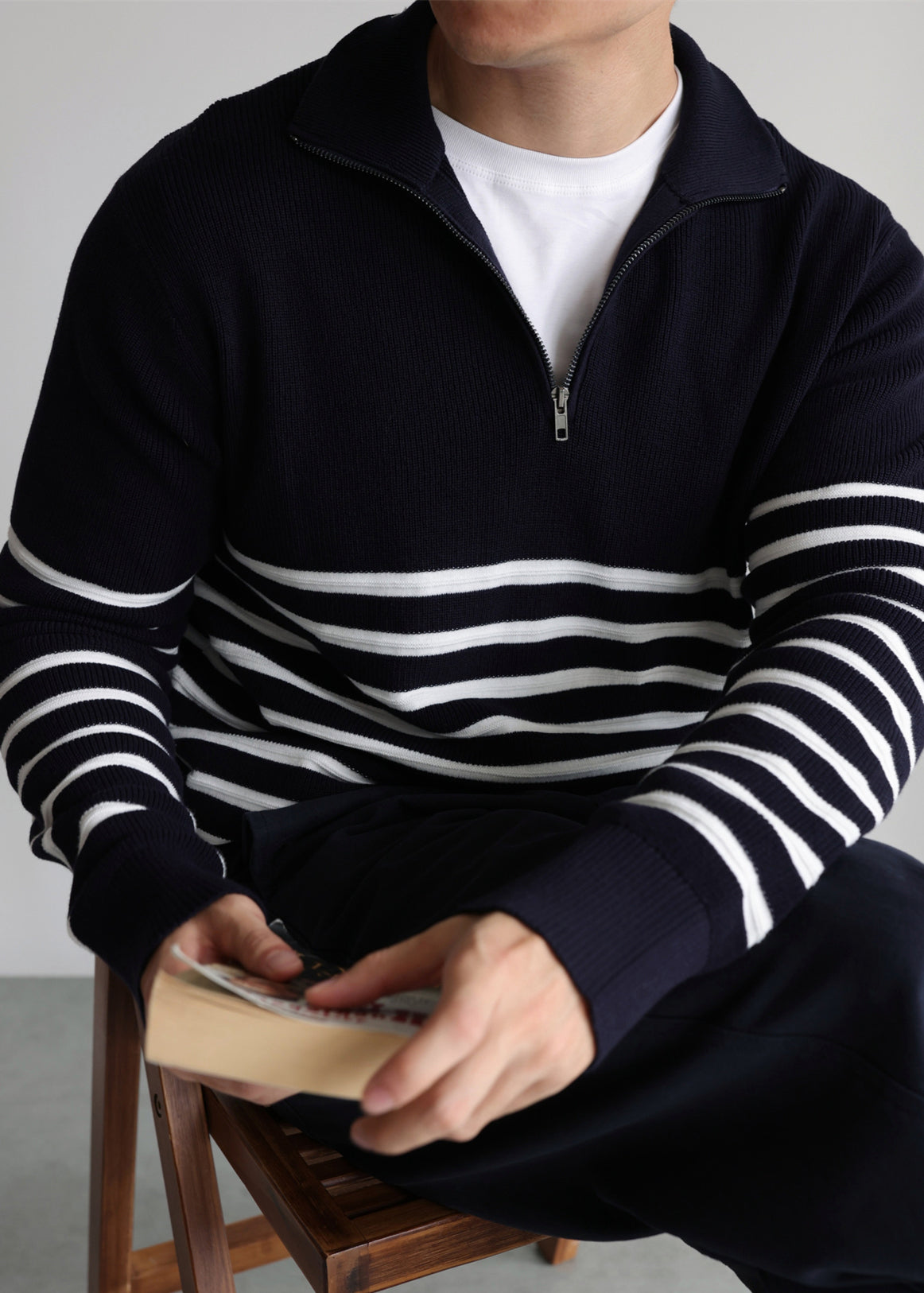 Loose Navy Zip Up Striped Knit Sweaters Fall