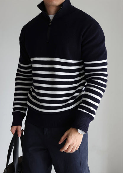 Loose Navy Zip Up Striped Knit Sweaters Fall
