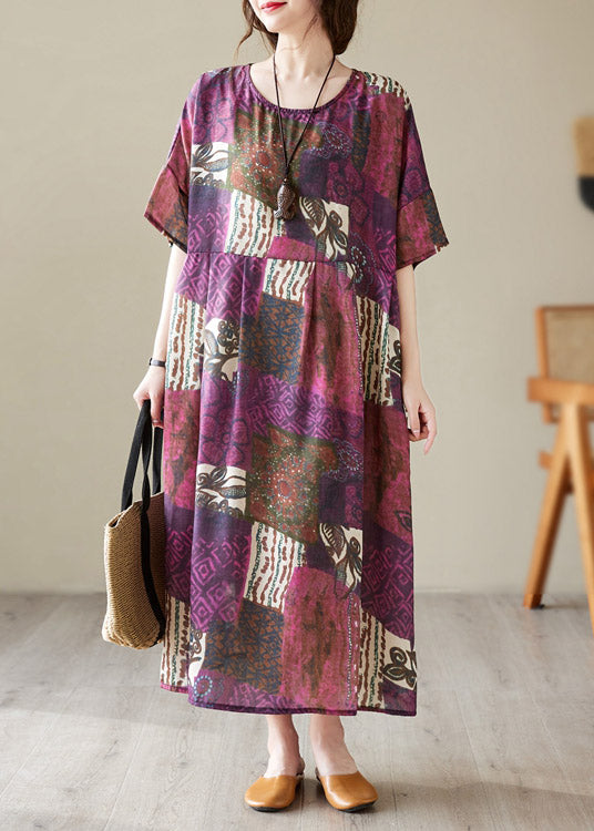 Loose O-neck Print Maxi Dresses Short Sleeve