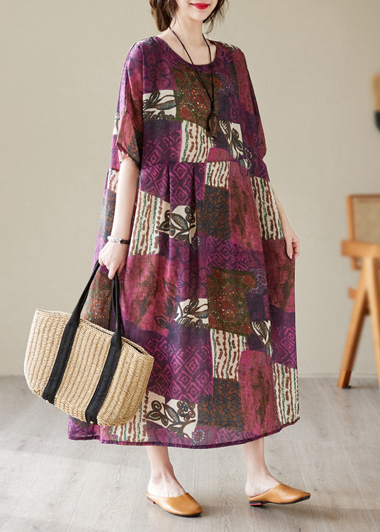 Loose O-neck Print Maxi Dresses Short Sleeve