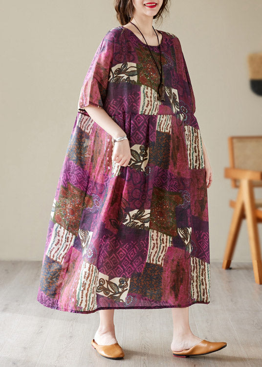 Loose O-neck Print Maxi Dresses Short Sleeve
