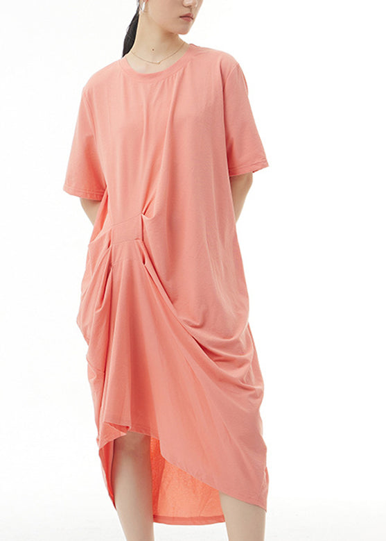 Loose Orange O-neck Cotton Long Dress Summer