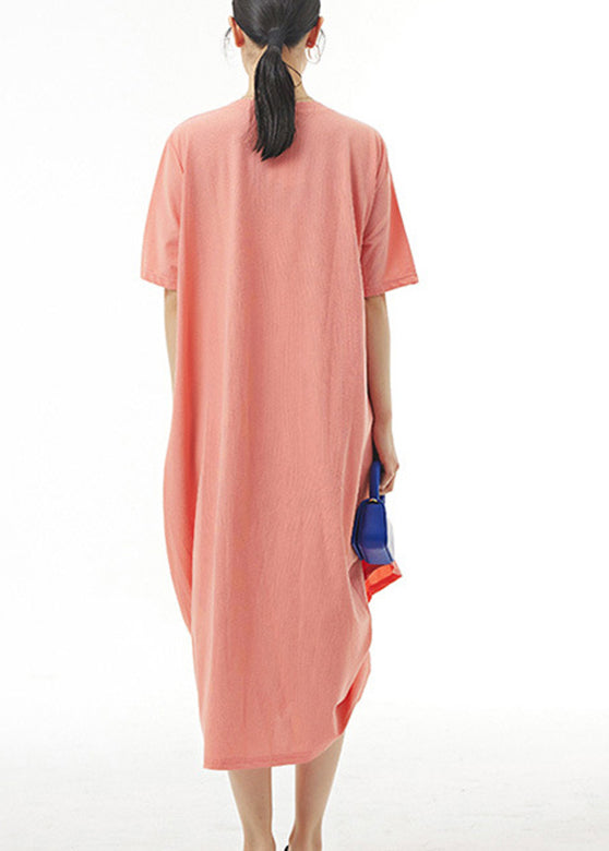 Loose Orange O-neck Cotton Long Dress Summer