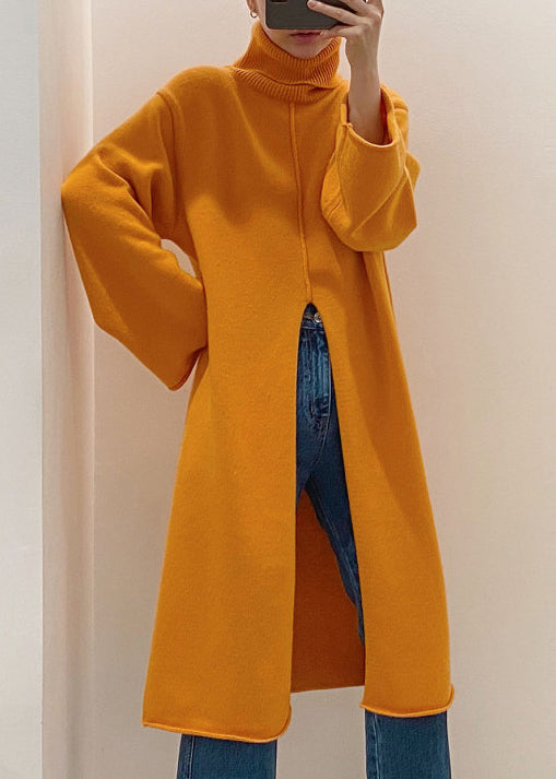 Loose Orange Turtleneck Front Open Knit Sweater Dress Winter