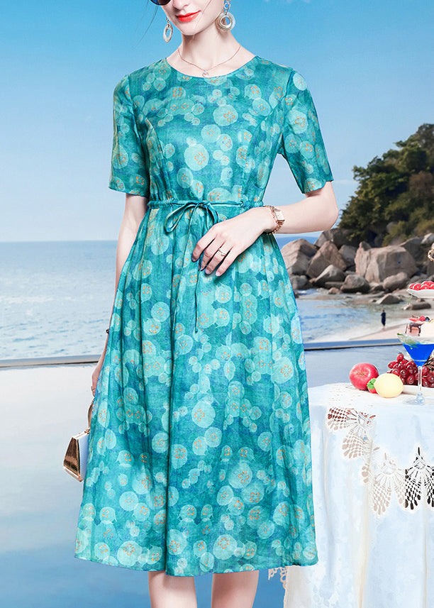 Loose Peacock Blue O-neck Dot Print Drawstring Linen Long Dresses Short Sleeve