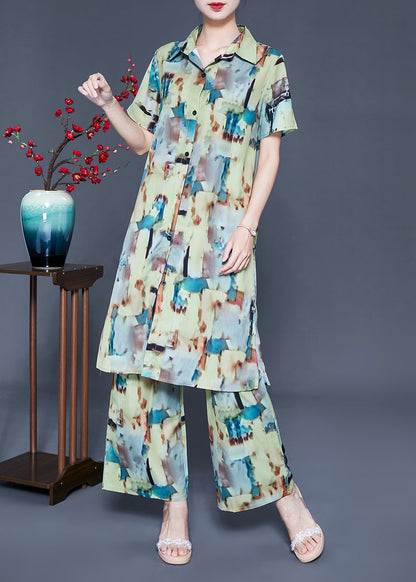 Loose Peter Pan Collar Print Silk Long Shirt and Straight Pants Two Piece Set Summer