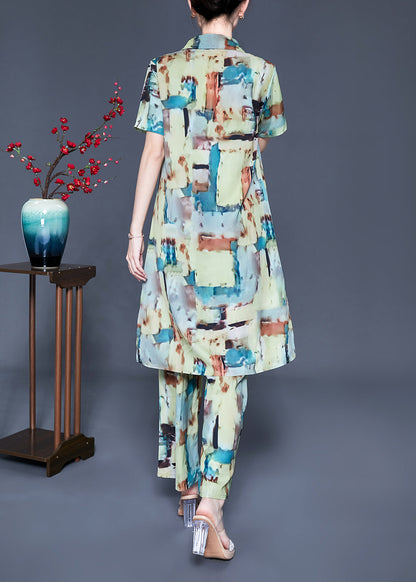 Loose Peter Pan Collar Print Silk Long Shirt and Straight Pants Two Piece Set Summer