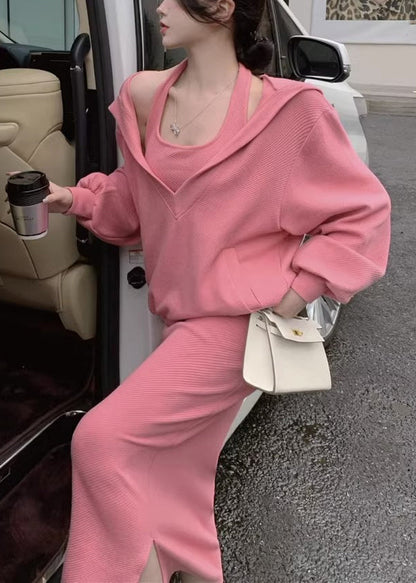 Loose Pink Hooded Pockets Tops and Dress Cotton Two Pieces Set Spring