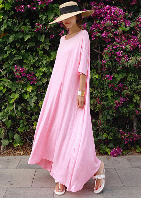 Loose Pink O-neck Cotton Long Dress Short Sleeve