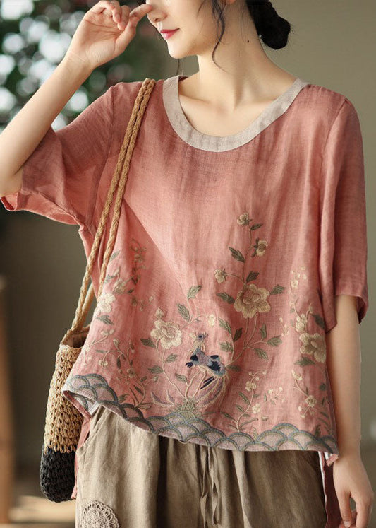 Loose Pink O-neck Embroidered Linen Tanks Short Sleeve