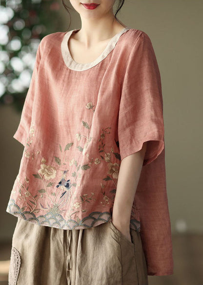 Loose Pink O-neck Embroidered Linen Tanks Short Sleeve