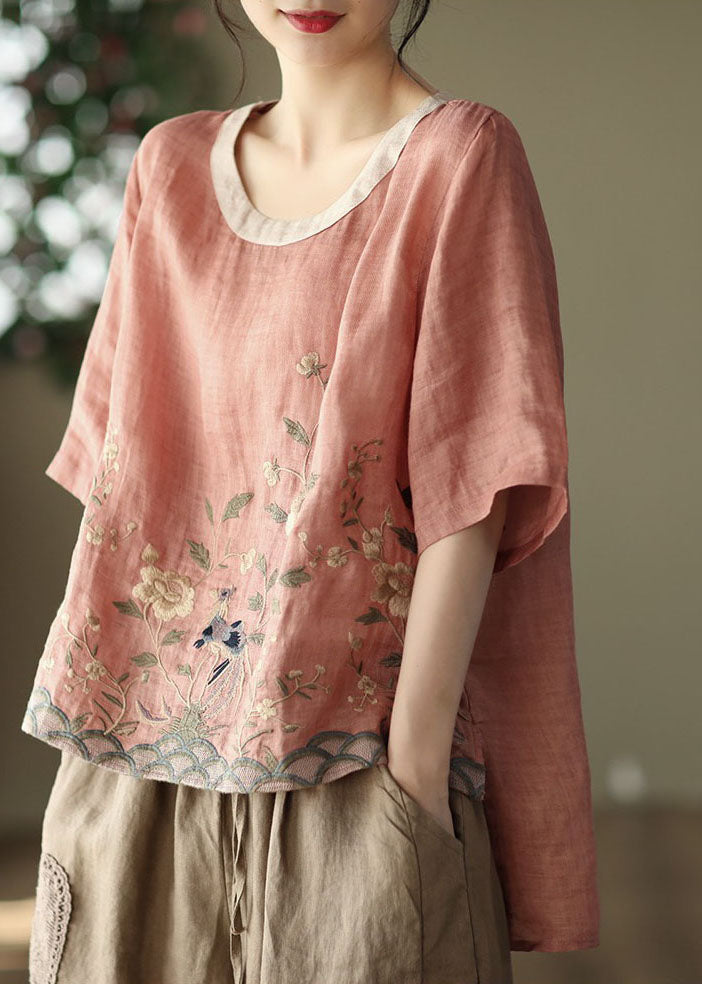 Loose Pink O-neck Embroidered Linen Tanks Short Sleeve