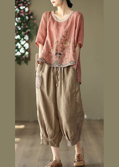 Loose Pink O-neck Embroidered Linen Tanks Short Sleeve