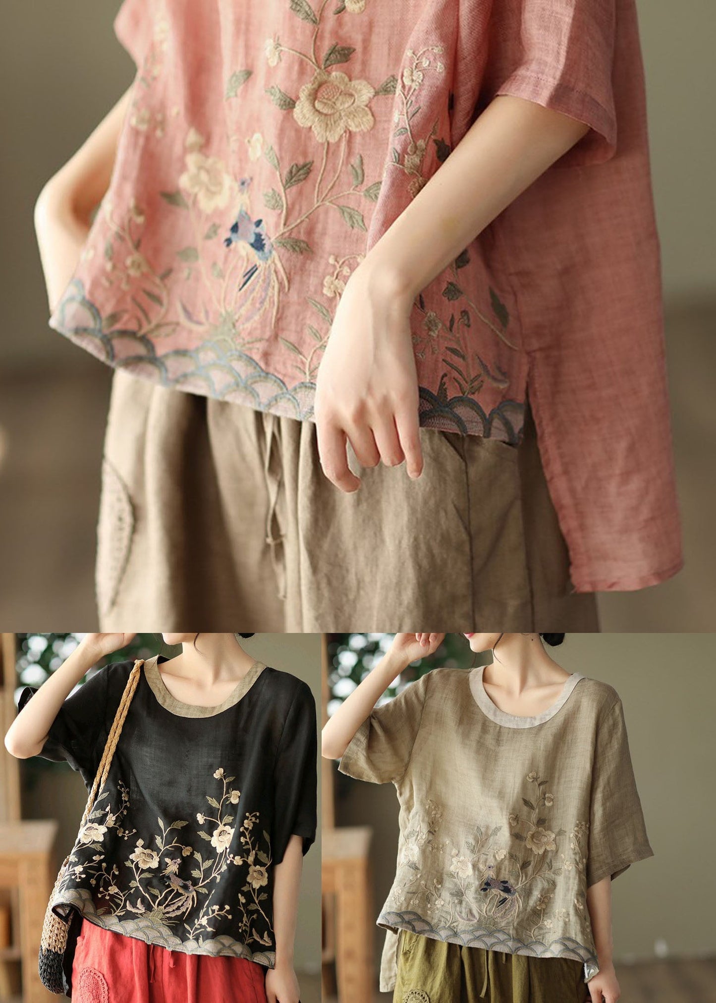Loose Pink O-neck Embroidered Linen Tanks Short Sleeve