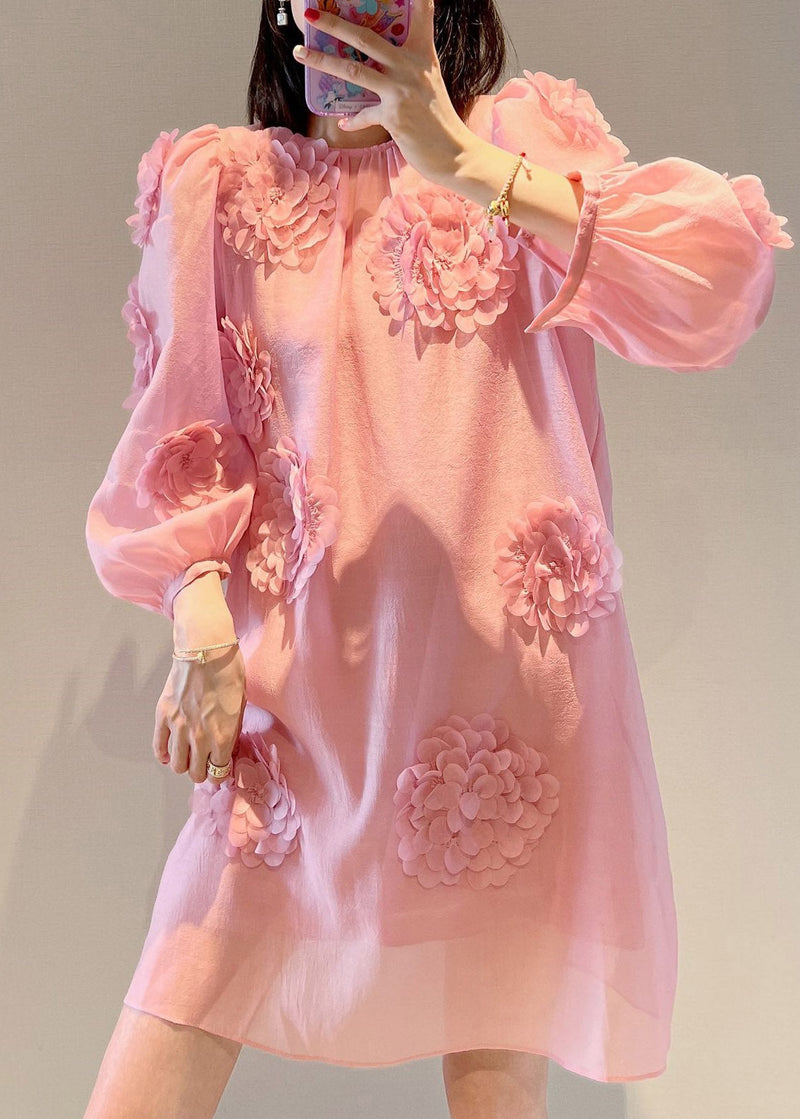 Loose Pink O-neck Mid Dress Long Sleeve