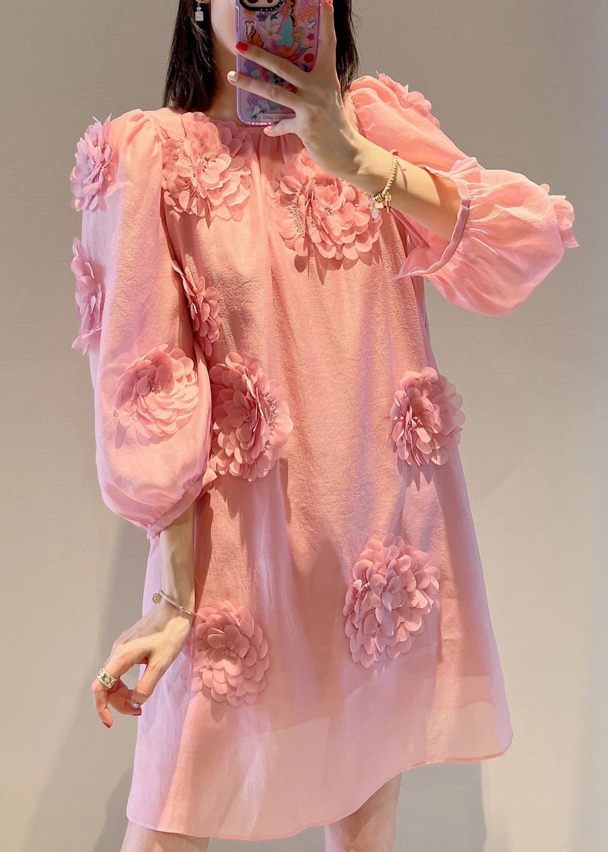 Loose Pink O-neck Mid Dress Long Sleeve