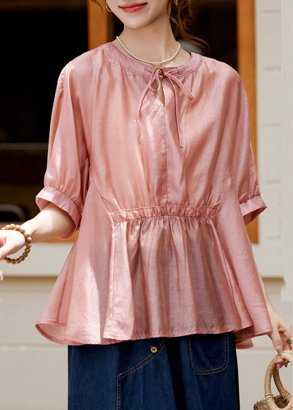 Loose Pink O-neck Patchwork Wrinkled Lace Tie Silk Shirt Summer