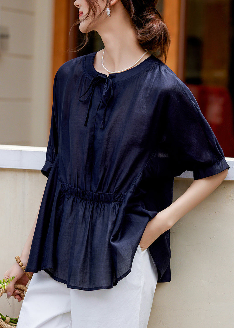 Loose Pink O-neck Patchwork Wrinkled Lace Tie Silk Shirt Summer
