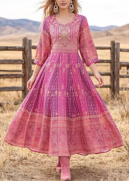 Loose Pink O Neck Print Cotton Maxi Dresses Summer