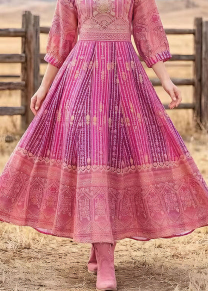 Loose Pink O Neck Print Cotton Maxi Dresses Summer