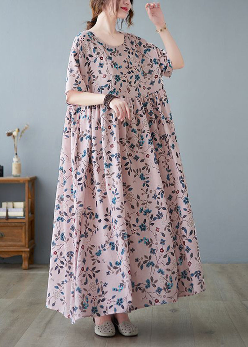 Loose Pink O-neck Print Exra Large Hem Cotton Dress Summer