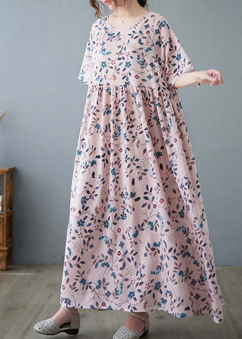 Loose Pink O-neck Print Exra Large Hem Cotton Dress Summer