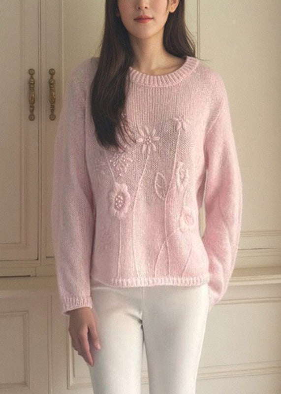 Loose Pink O-neck Cotton Knit Sweater Spring